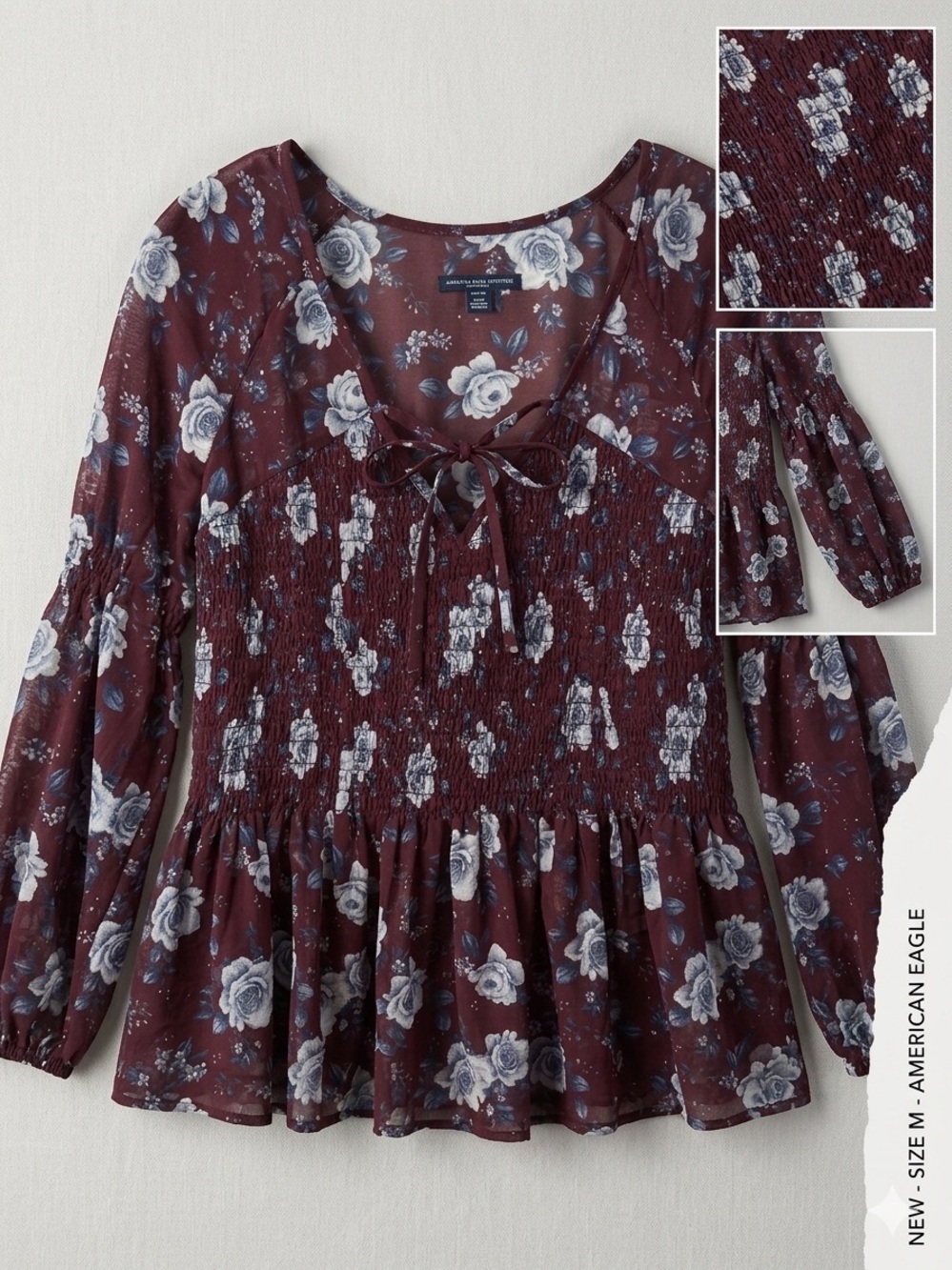 American Eagle Outfitters Burgundy Floral Smocked Tie-Front Blouse